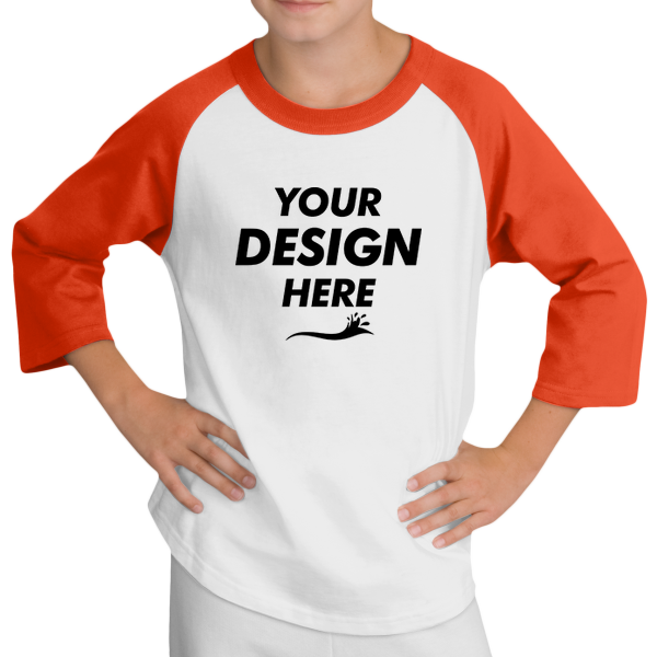 Sport Tek Youth Colorblock Raglan Jersey, White / Deep Orange, Front view, Mockup