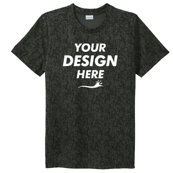Sport Tek Youth Digi Camo Tee, Black, Front view, Mockup