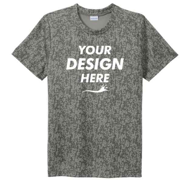 Sport Tek Youth Digi Camo Tee, Grey Concrete, Front view, Mockup