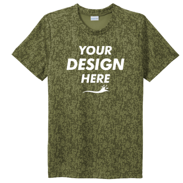 Sport Tek Youth Digi Camo Tee, Olive Drab Green, Front view, Mockup