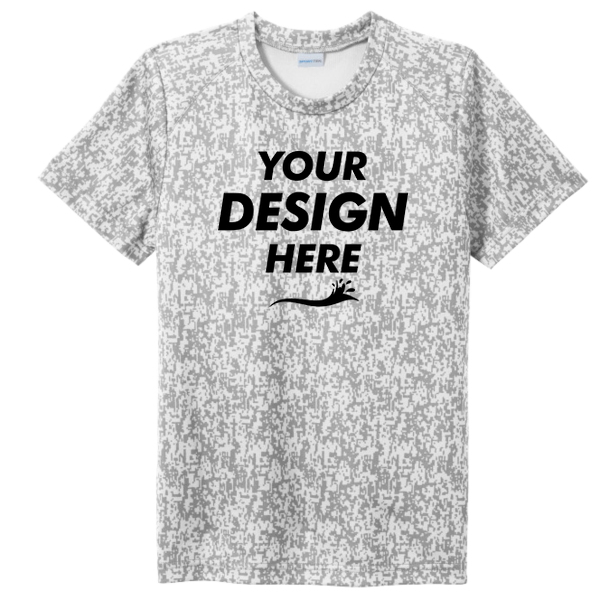 Sport Tek Youth Digi Camo Tee, White, Front view, Mockup