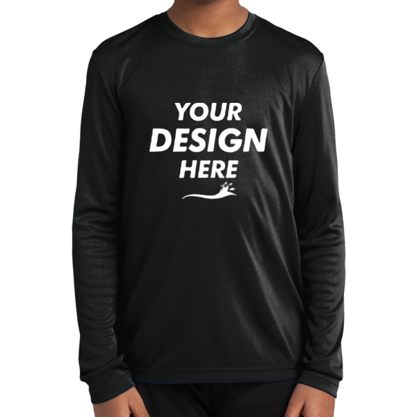 Sport Tek Youth Long Sleeve PosiCharge ® Competitor Tee, Black, Front view, Mockup