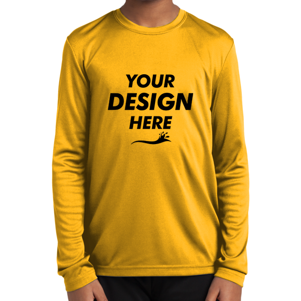 Sport Tek Youth Long Sleeve PosiCharge ® Competitor Tee, Gold, Front view, Mockup
