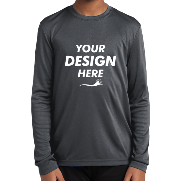 Sport Tek Youth Long Sleeve PosiCharge ® Competitor Tee, Iron Grey, Front view, Mockup