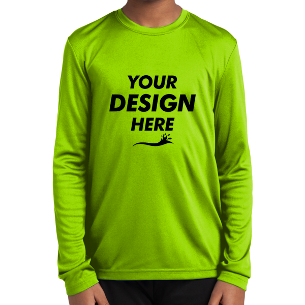 Sport Tek Youth Long Sleeve PosiCharge ® Competitor Tee, Lime Shock, Front view, Mockup