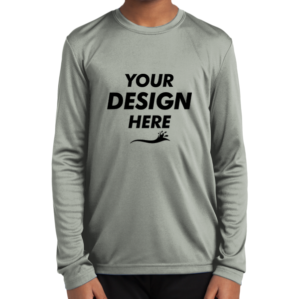 Sport Tek Youth Long Sleeve PosiCharge ® Competitor Tee, Silver, Front view, Mockup