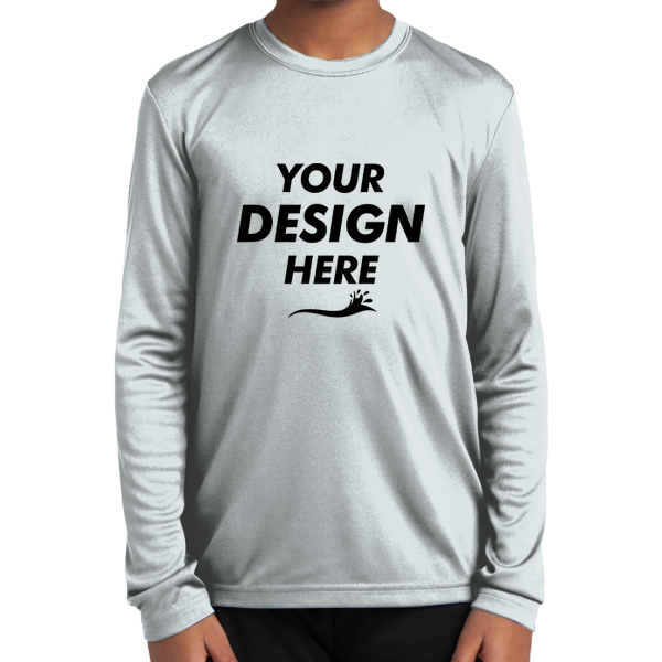 Sport Tek Youth Long Sleeve PosiCharge ® Competitor Tee, White, Front view, Mockup