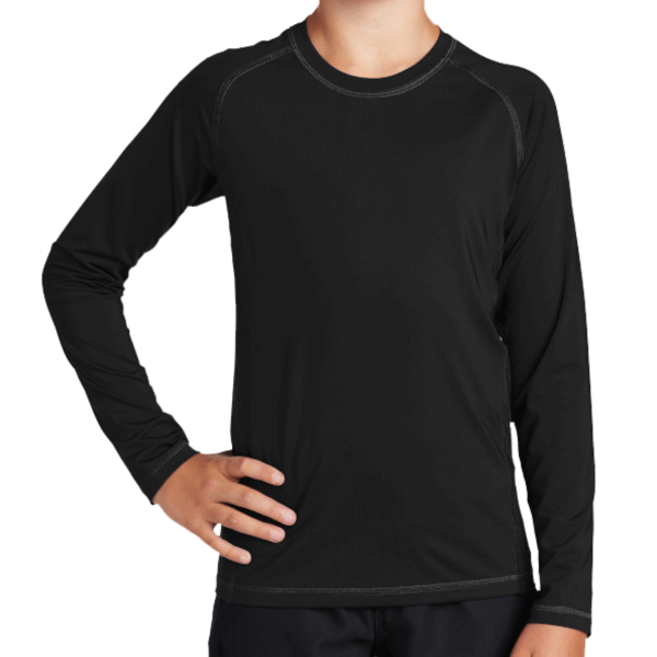 Sport Tek Youth Long Sleeve Rashguard Tee, Black, Front view
