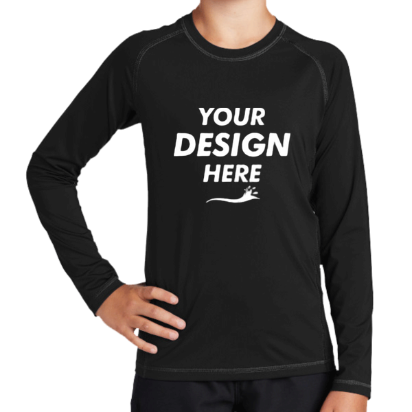 Sport Tek Youth Long Sleeve Rashguard Tee, Black, Front view, Mockup