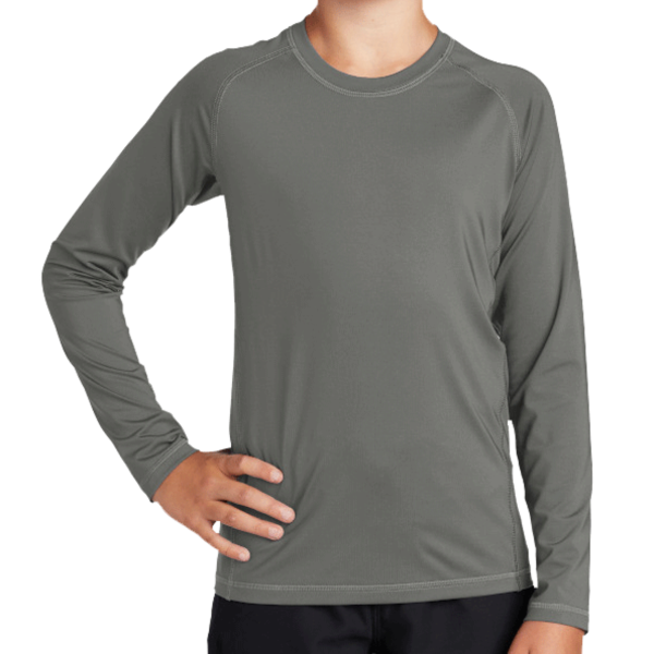 Sport Tek Youth Long Sleeve Rashguard Tee, Dark Smoke Grey, Front view