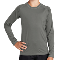 Sport Tek Youth Long Sleeve Rashguard Tee, Dark Smoke Grey, Front view