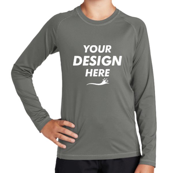 Sport Tek Youth Long Sleeve Rashguard Tee, Dark Smoke Grey, Front view, Mockup