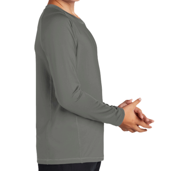Sport Tek Youth Long Sleeve Rashguard Tee, Dark Smoke Grey, Right Sleeve view