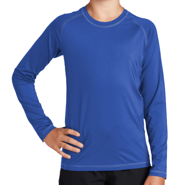 Sport Tek Youth Long Sleeve Rashguard Tee, True Royal, Front view