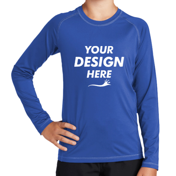 Sport Tek Youth Long Sleeve Rashguard Tee, True Royal, Front view, Mockup