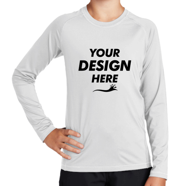 Sport Tek Youth Long Sleeve Rashguard Tee, White, Front view, Mockup