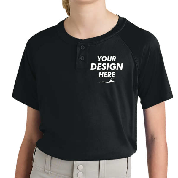 Sport Tek Youth PosiCharge ® Competitor 2 Button Henley, Black, Front view, Mockup
