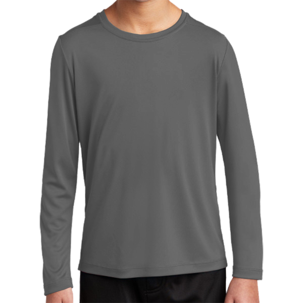 Sport Tek Youth Posi UV ® Pro Long Sleeve Tee, Dark Smoke Grey, Front view
