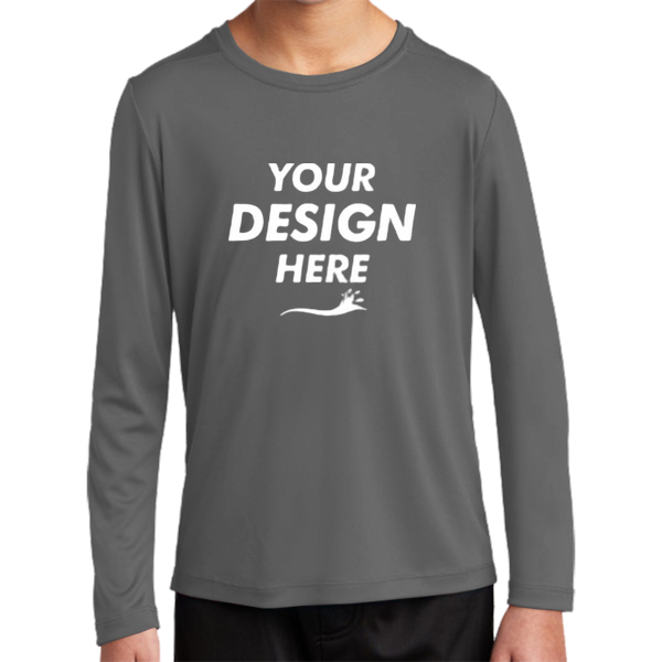Sport Tek Youth Posi UV ® Pro Long Sleeve Tee, Dark Smoke Grey, Front view, Mockup