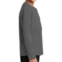 Sport Tek Youth Posi UV ® Pro Long Sleeve Tee, Dark Smoke Grey, Right Sleeve view