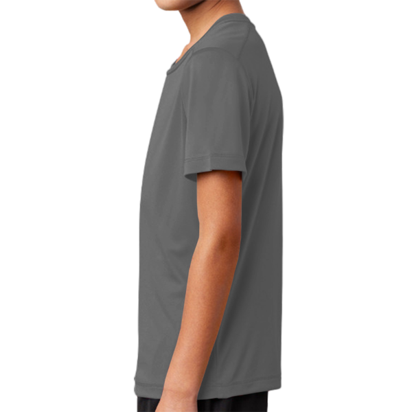 Sport Tek Youth Posi UV ® Pro Tee, Dark Smoke Grey, Left Sleeve view