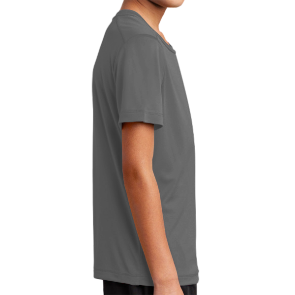 Sport Tek Youth Posi UV ® Pro Tee, Dark Smoke Grey, Right Sleeve view