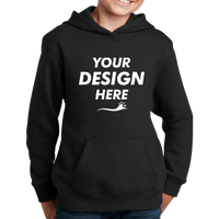 Sport Tek Youth Pullover Hooded Sweatshirt, Black, Front view, Mockup