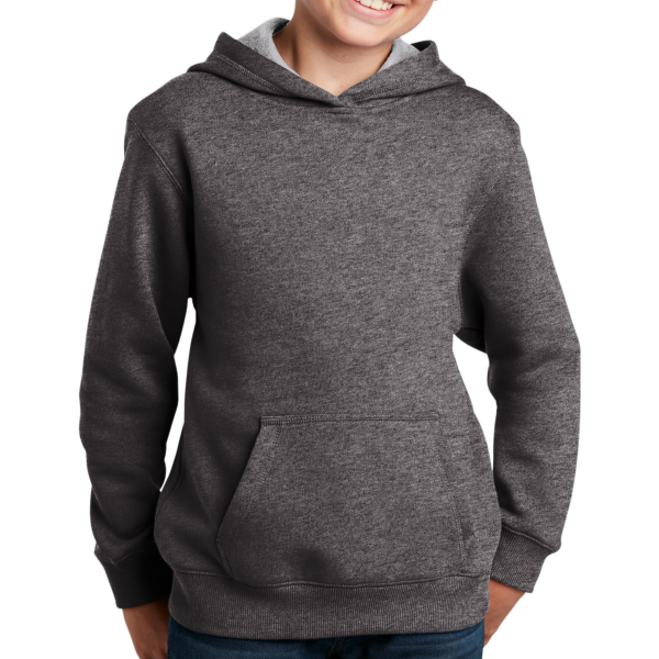 Sport Tek Youth Pullover Hooded Sweatshirt, Graphite Heather, Front view