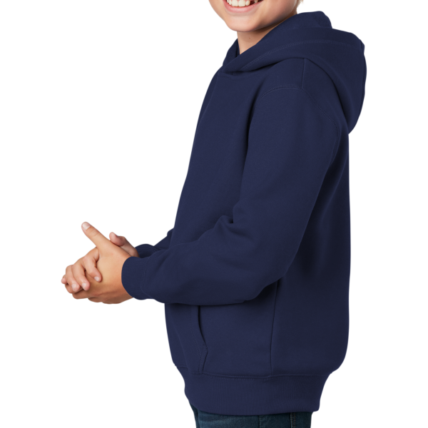 Sport Tek Youth Pullover Hooded Sweatshirt, True Navy, Left Sleeve view
