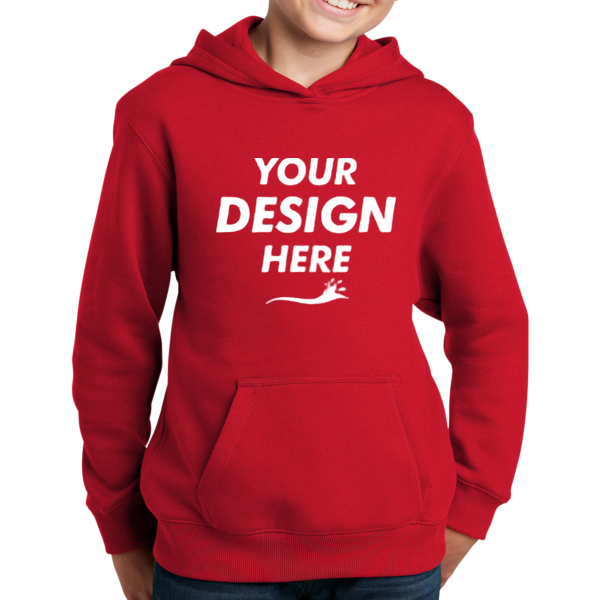 Sport Tek Youth Pullover Hooded Sweatshirt, True Red, Front view, Mockup