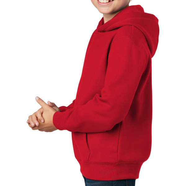 Sport Tek Youth Pullover Hooded Sweatshirt, True Red, Left Sleeve view