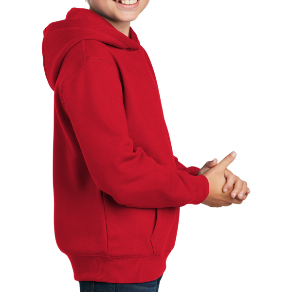 Sport Tek Youth Pullover Hooded Sweatshirt, True Red, Right Sleeve view