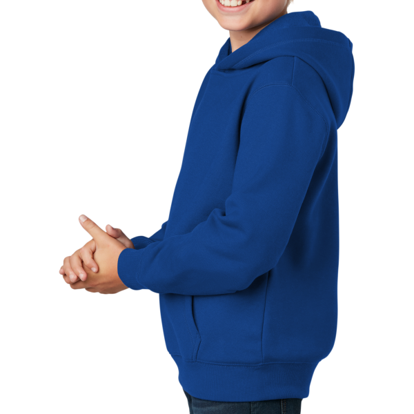 Sport Tek Youth Pullover Hooded Sweatshirt, True Royal, Left Sleeve view