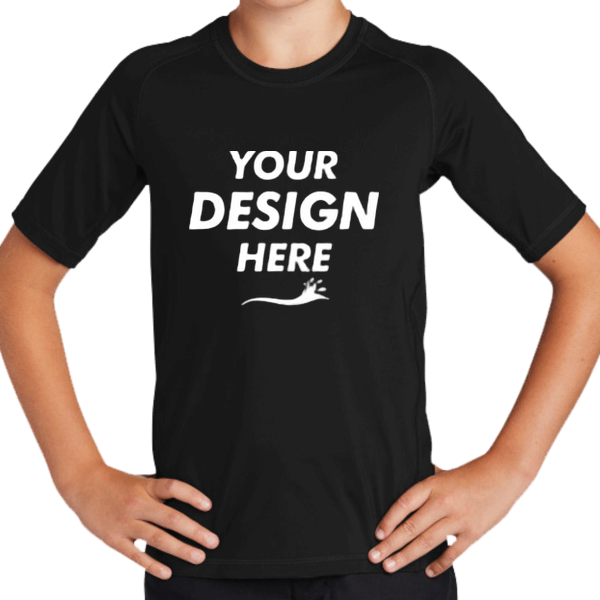Sport Tek Youth Rashguard Tee, Black, Front view, Mockup