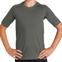 Sport Tek Youth Rashguard Tee, Dark Smoke Grey, Front view