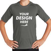 Sport Tek Youth Rashguard Tee, Dark Smoke Grey, Front view, Mockup