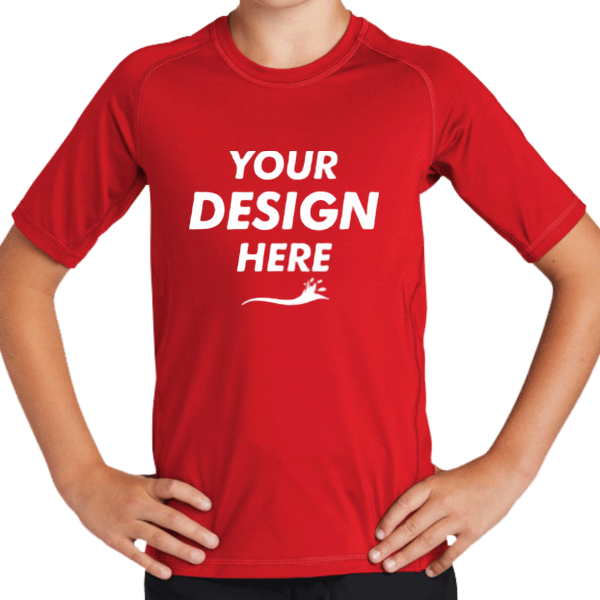 Sport Tek Youth Rashguard Tee, True Red, Front view, Mockup