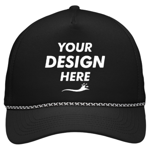 Sportsman Five-Panel Rope Heritage Fit Cap, Black, Front view, Mockup