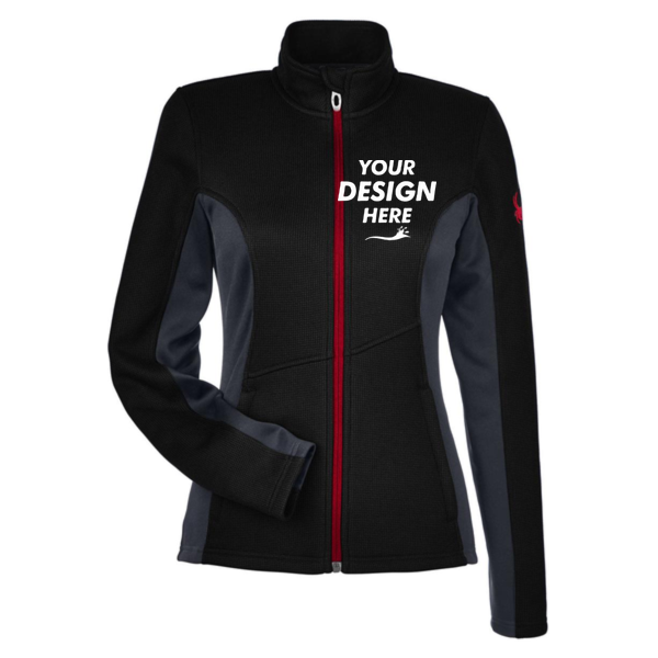 Spyder Women's Constant Full-Zip Sweater Fleece Jacket, Black / Polar / Red, Front view, Mockup