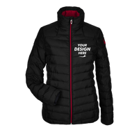 Spyder Women's Insulated Puffer Jacket, Black / Red, Front view, Mockup