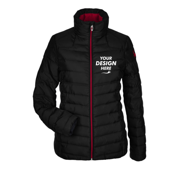 Spyder Women's Insulated Puffer Jacket, Black / Red, Front view, Mockup