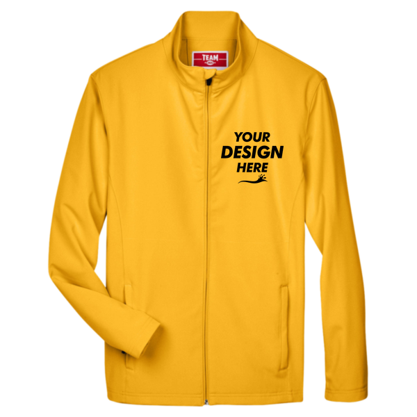 Team 365 Men's Leader Soft Shell Jacket, Sport Athletic Gold, Front view, Mockup