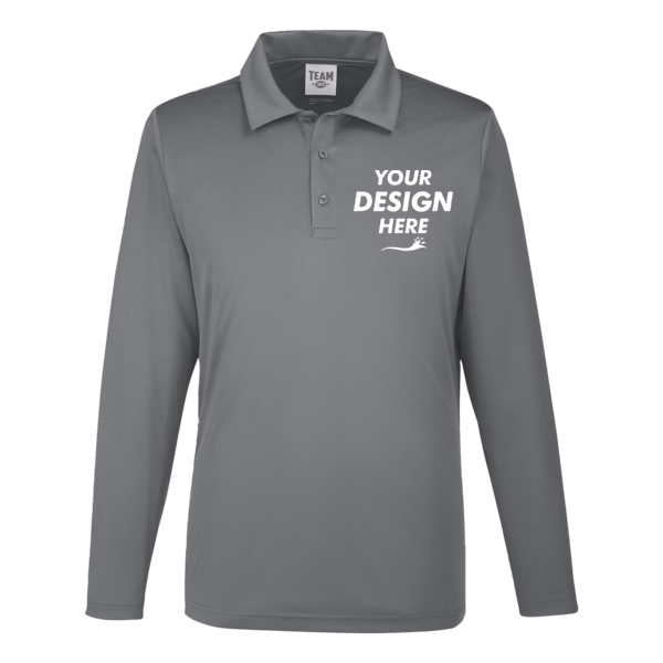 Team 365 Men's Zone Performance Long Sleeve Polo, Sport Graphite, Front view, Mockup