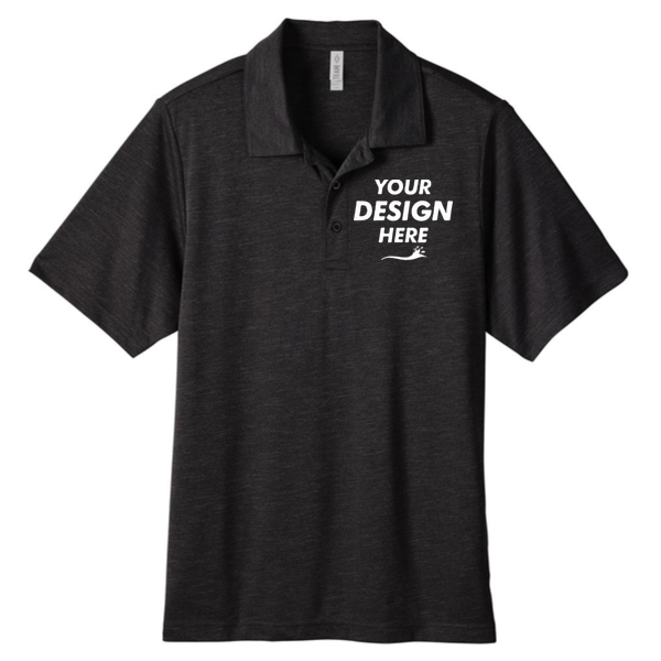 Team 365 Men's Zone Sonic Heather Performance Polo, Black Heather, Front view, Mockup