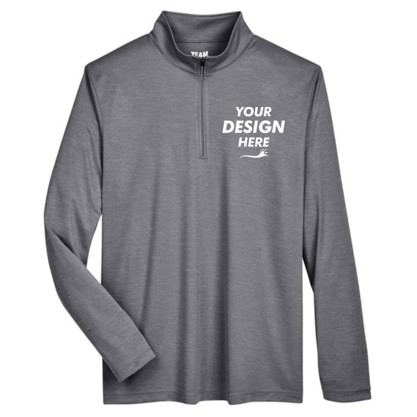 Team 365 Men's Zone Sonic Heather Performance Quarter-Zip Pullover, Dark Grey Heather, Front view, Mockup