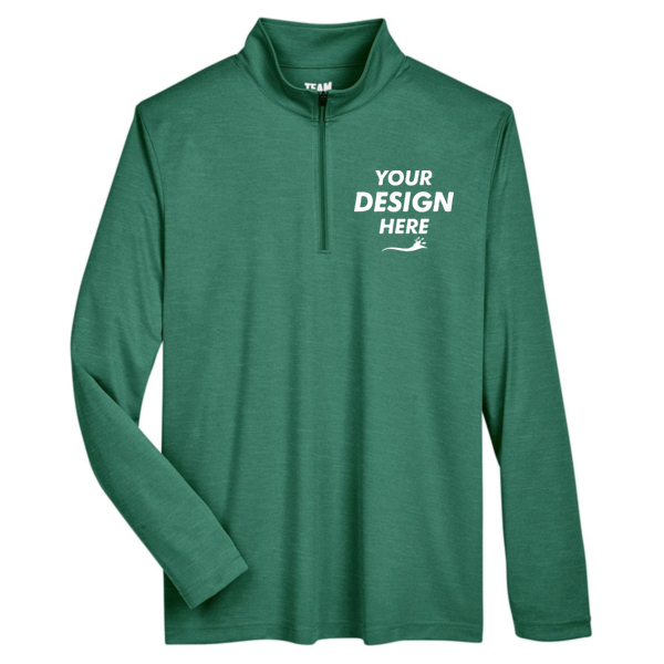 Team 365 Men's Zone Sonic Heather Performance Quarter-Zip Pullover, Sport Forest Heather, Front view, Mockup
