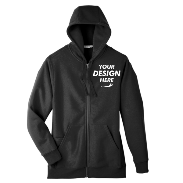 Team 365 Unisex Zone HydroSport™ Heavyweight Full-Zip Hooded Sweatshirt, Black, Front view, Mockup
