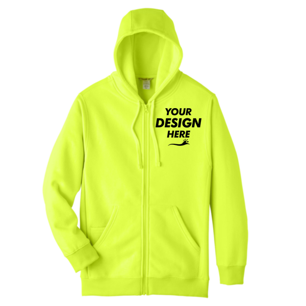 Team 365 Unisex Zone HydroSport™ Heavyweight Full-Zip Hooded Sweatshirt, Safety Yellow, Front view, Mockup