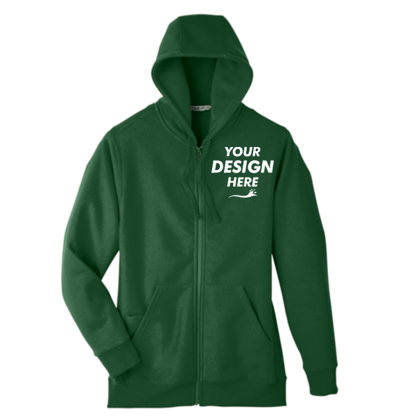 Team 365 Unisex Zone HydroSport™ Heavyweight Full-Zip Hooded Sweatshirt, Sport Dark Green, Front view, Mockup
