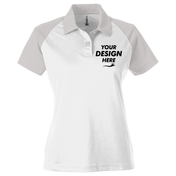 Team 365 Women's Command Snag-Protection Colorblock Polo, White / Sport Silver, Front view, Mockup